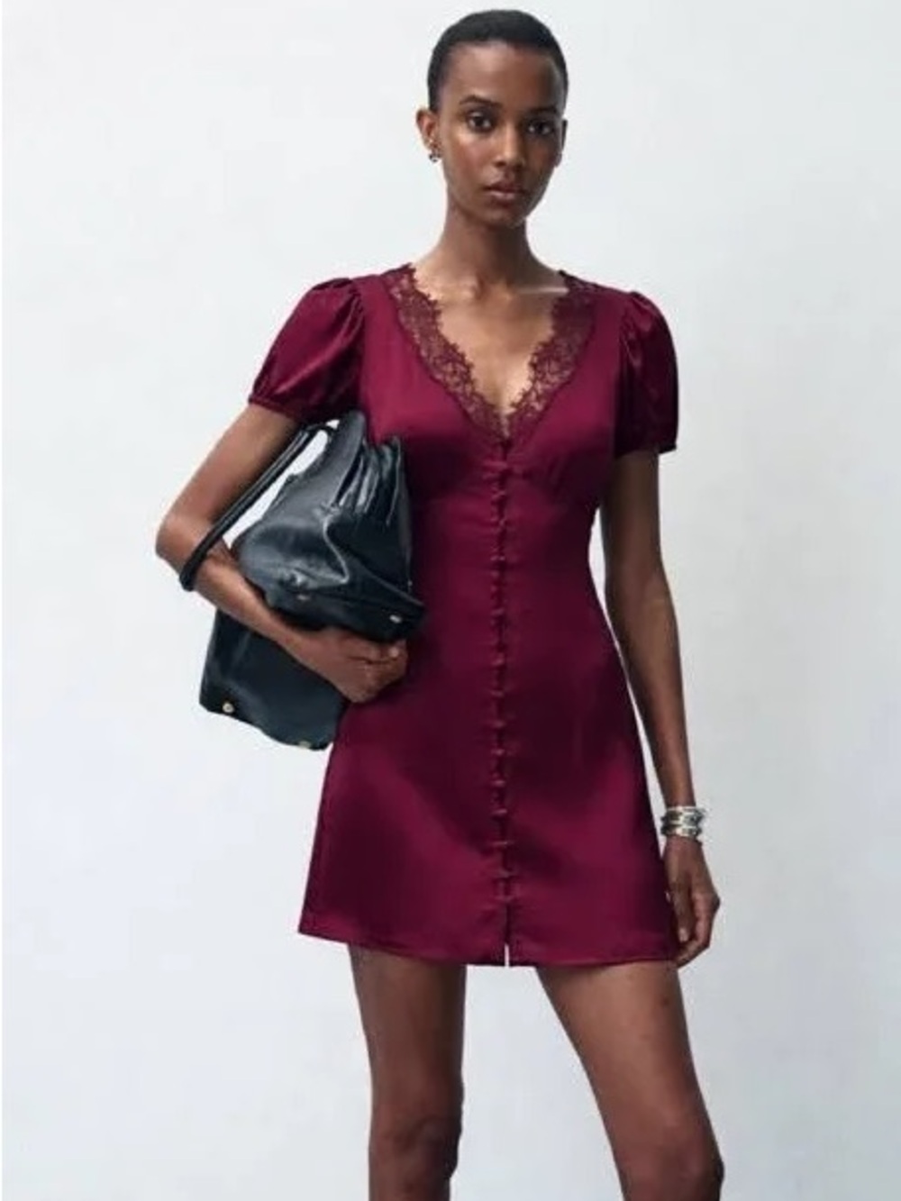 GAP Burgundy Lace-Trim Button-Front Mini Dress
